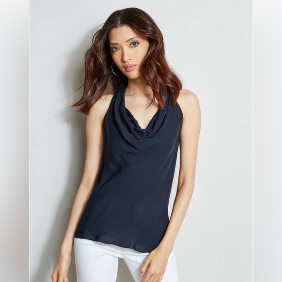 NWT Elie Tahari Silk Georgette Halter Top Medium Cowl Neck Navy Blue Chic - Picture 1 of 12